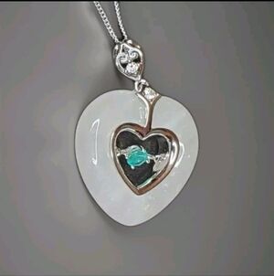 Burmese White Jade Heart With Emerald Dancing Stone Necklace Platinum Plated